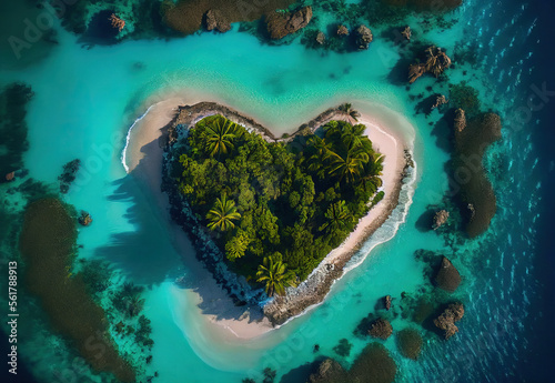 Aerial shot of heart shaped tropical island in turquoise sea bay in tropic paradise generative AI art illustration © S E P A R I S A