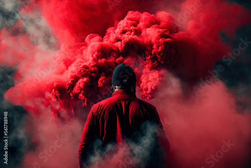 Red smoke grenade wielding man. Generative AI photo