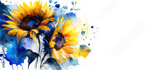 Yellow and blue sunflowers in splashes of paint as Ukraine flag colors and Ukrainian culture symbol generative AI watercolor banner with copy space