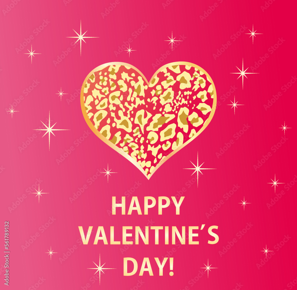 Hot pink greeting of 14th February happy valentine's day wish card or poster for Valentine’s day with heart shape with golden leopard print and stars