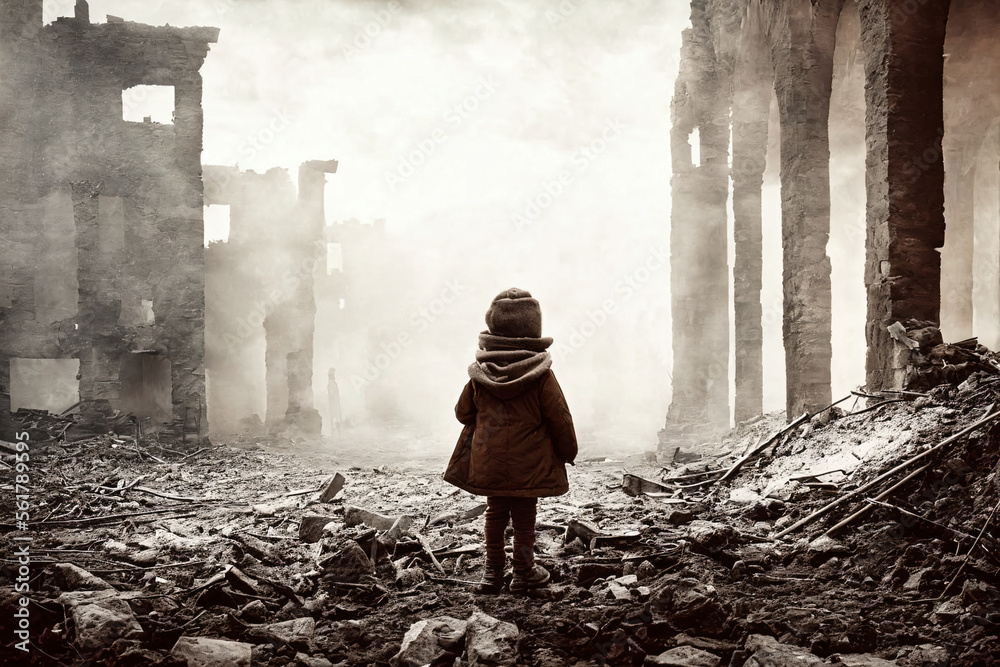 young girl standing alone in a destroyed building with a scarf on their head and a coat on their shoulders, looking at the ruins, generative AI