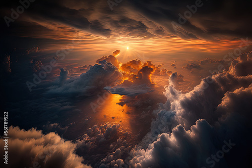 Stunning sunset with a clouded sky from above. An aerial view of the clouds. Generative AI