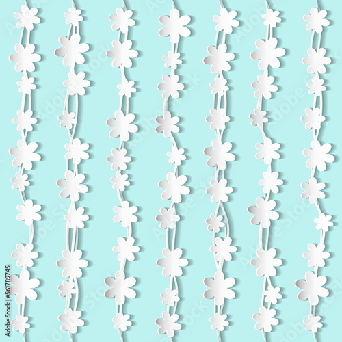 Floral seamless pattern on blue background with white blossoming 3d flowers. Paper cut, origami modern spring wallpaper. Vector illustration.