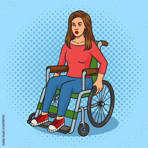 Woman in wheelchair pinup pop art retro vector illustration. Comic book style imitation.