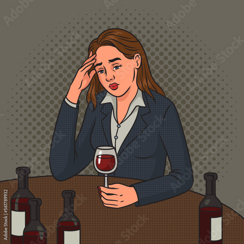 woman alcoholic drinks alone pinup pop art retro vector illustration. Comic book style imitation.