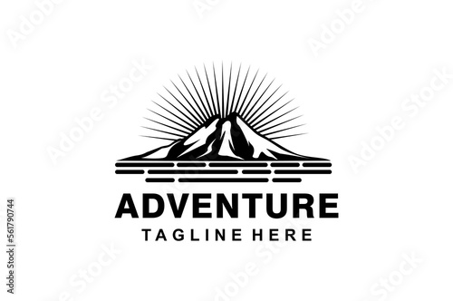 Mountain, Sea Ocean Wave and Sun for Vintage Adventure Outdoor Traveling Label Stamp logo design