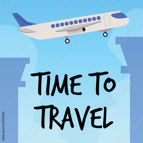 Time to travel banner or leaflet mockup with airplane flat vector illustration.