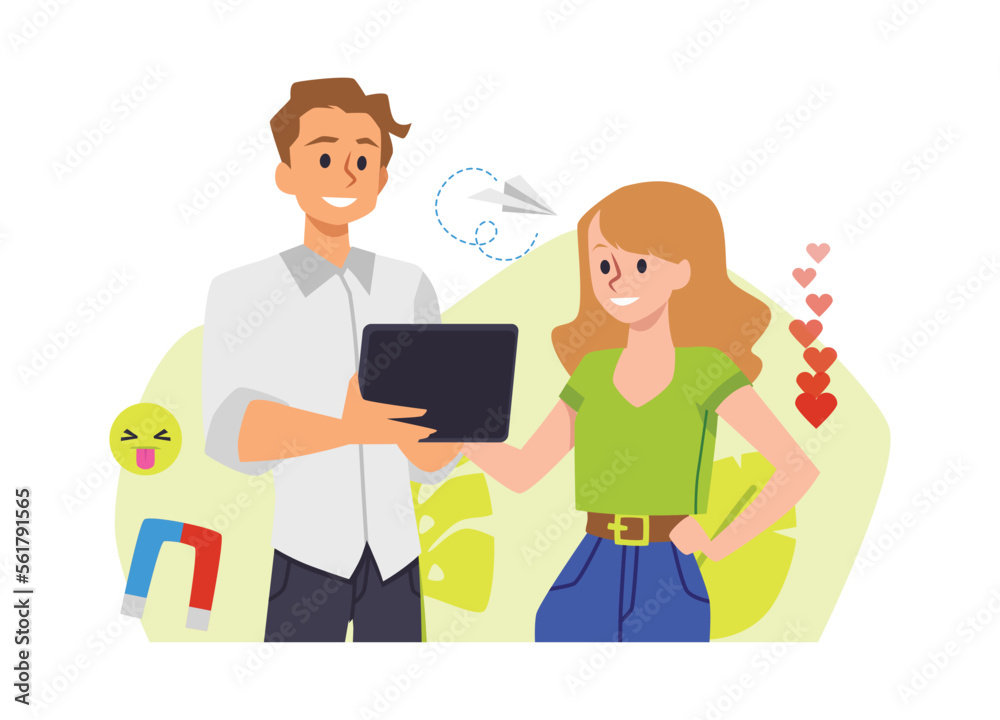 Young happy man and woman with tablet flat style, vector illustration