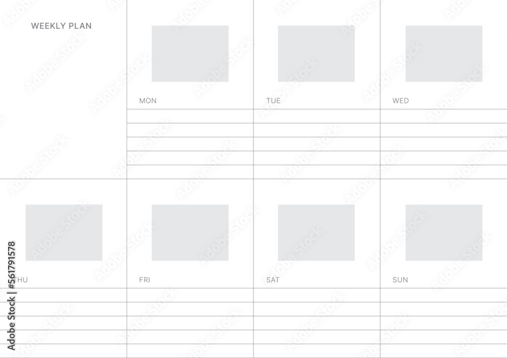 A weekly plan design template in a modern, simple, and minimalist style. Note, scheduler, diary, calendar, planner document template illustration. A weekly plan design template in a modern, simple, and minimalist style. Note, scheduler, diary, calendar, planner document template illustration.