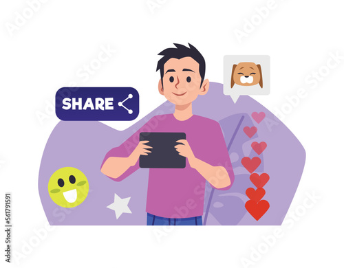 Follower shares viral content on social media flat vector illustration isolated.