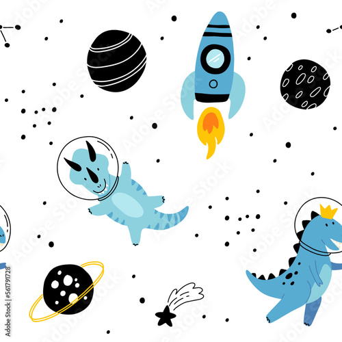 Fototapeta Naklejka Na Ścianę i Meble -  Dino in space seamless pattern. Cute dragon characters, dinosaur traveling galaxy with stars, planets. Kids cartoon vector background. Illustration of astronaut dragon, kids wrapping with cosmic dino