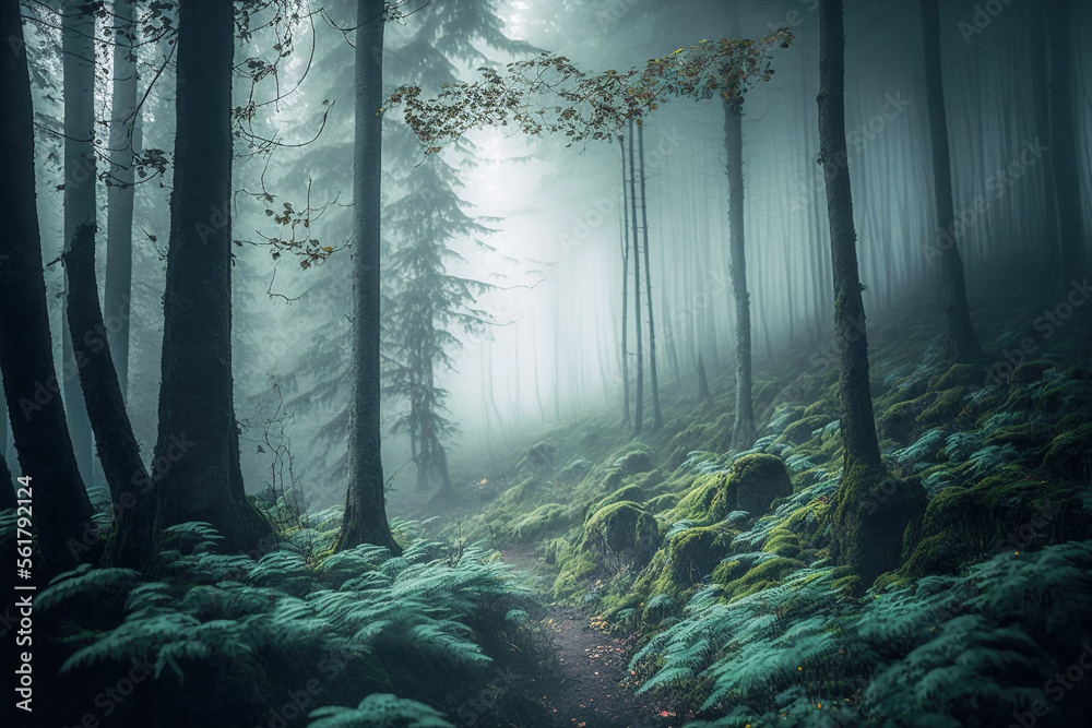 Fototapeta premium Landscapes with forests in the fog, mysterious forests