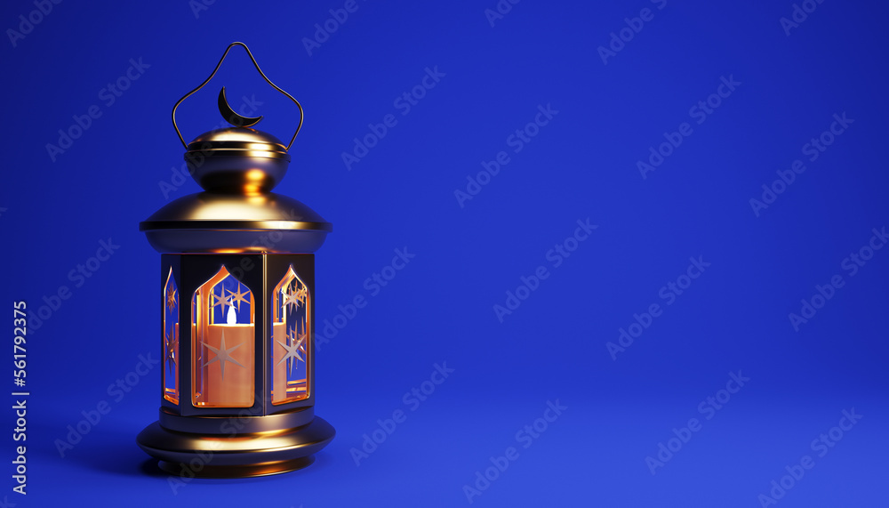 Ramadan background with copy space and golden lantern, 3d rendering illustration. Muslim Holy Month Ramadan Kareem wallpaper design.