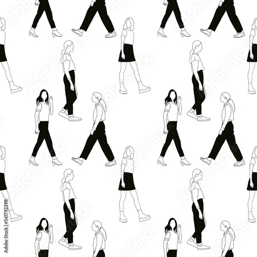 Line pattern of walking on the street after work time conceptual hand drawn minimalism lineart print isolated on white background illustration