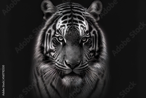 Tiger portrait in black and white on a dark background. Generative AI