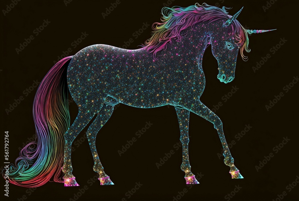 illustration, fantasy unicorn with colored lights, image generated by AI