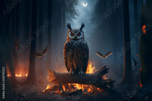 owl in forest at night, Generative AI