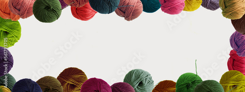 Balls of wool multicolored yarn for hand knitting and crochet on white background. Mock up, flat lay, copy space, banner	
