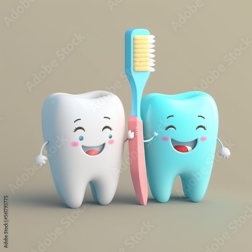 cartoon style illustration, teeth with toothbrush, AI generated image