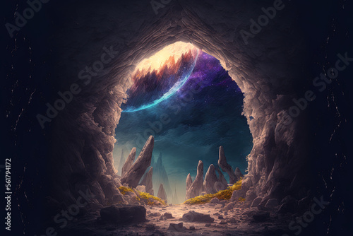 Mountain cave portal in the shape of a stone arch with magical markings. Ancient temple with a portal to an alien realm. Illustration of a fantasy scene. Generative AI