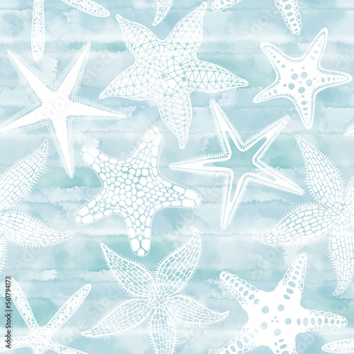 Starfish on blue watercolor background. Seamless vector pattern. Perfect for wallpaper, wrapping, fabric and textile.