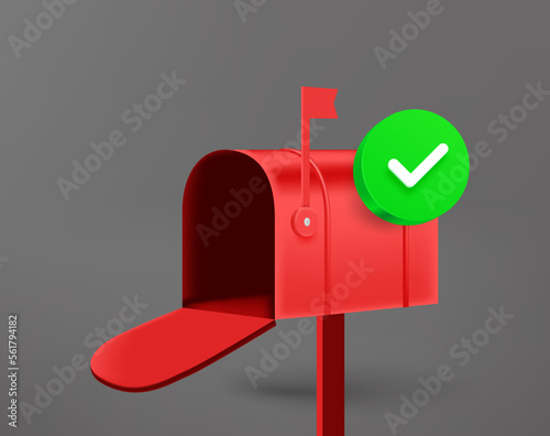 Opened postage box with green checkmark. 3d vector icon