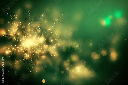 Abstract blurred festive background in gold and green colors with bokeh lights. St. Patrick s Day backdrop. Generative AI illustration