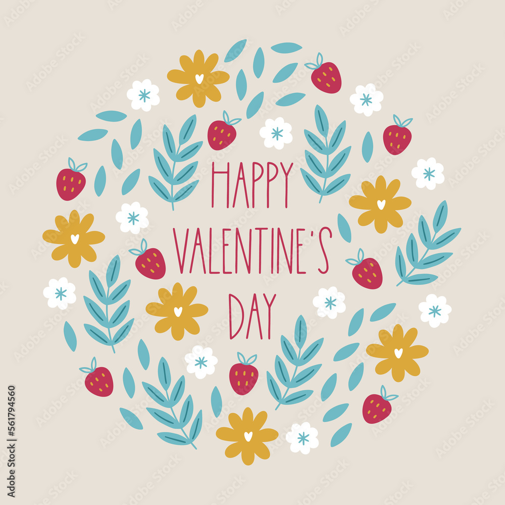 Valentine greeting card with strawberries, flowers, leaves, branches. Circle ornament