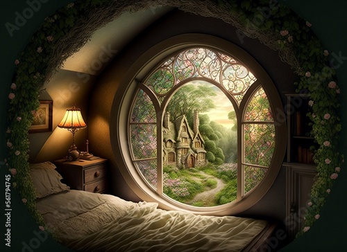 illustration, fairy tale house, room with window, image by AI