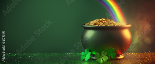 Canvas Print Banner with Pot of gold coins, clover leaves and rainbow