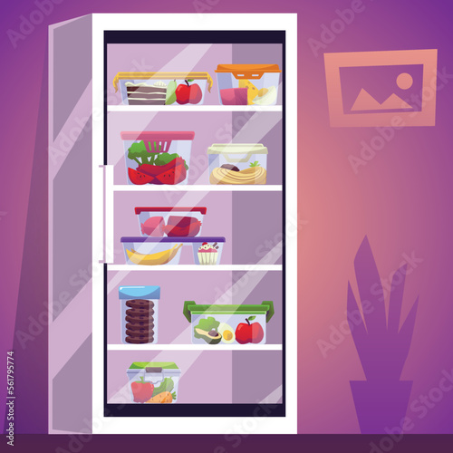Refrigerator with display door and food containers inside, flat vector illustration. Concept of food storage.