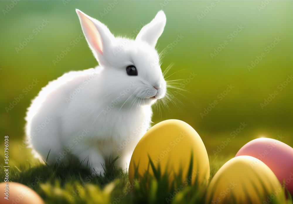 EEaster cute baby bunny rabbit and easter eggs, spring sunny lawn. Generative AI EEaster cute baby bunny rabbit and easter eggs, spring sunny lawn. Generative AI