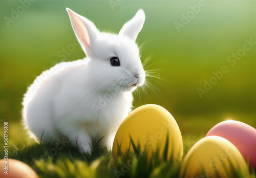 EEaster cute baby bunny rabbit and easter eggs, spring sunny lawn. Generative AI photo