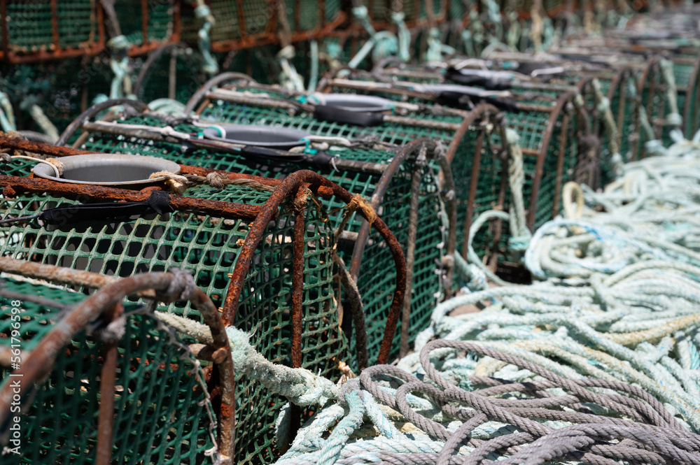 Pots, bait, fishing and catching gear. Fishing concept Pots, bait, fishing and catching gear. Fishing concept