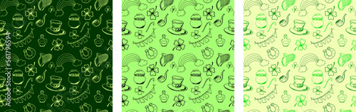 Saint Patrick. Spring. March 17. Spring holiday. Leprechaun. Hat. Gold. Clover. Four leaf clover. Luck. Doodle. Decor set. Pattern set. St. patrick seamless vector print.