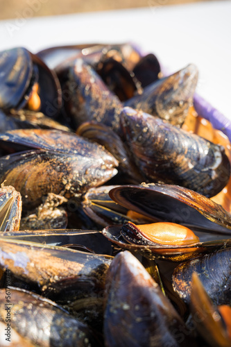 Basket of mussels cooked in the traditional Spanish way