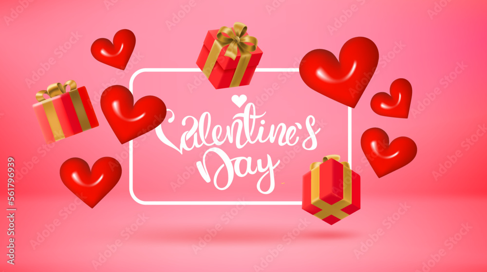 Poster template with frame, hearts, boxes and calligraphic inscription. Valentines Day greeting card. Vector 3d banner 