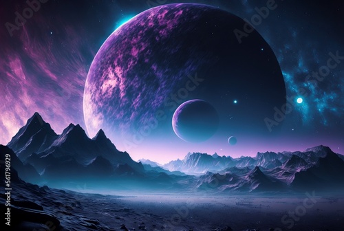 illustration, space scene with purple colors, AI generated image