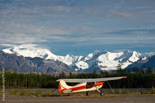 Small aircraft parked in McCarthy airport, Wrangell-St Elias National Park, Alaska