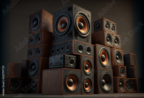 A large stack of music audio speakers. Generative ai photo