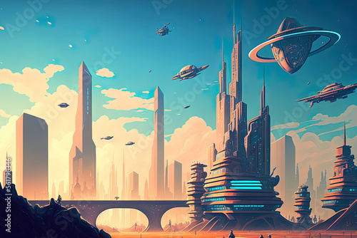 Conceptual Ai Generated Image (not actual) - Panorama of the city skyline in the future. Illustration of a futuristic metropolis with skyscrapers, towers, lofty structures, and flying cars