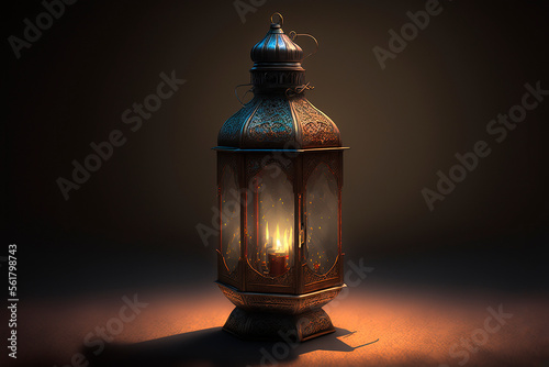 Ramadan lantern with crescent moon on night sky background Greeting card