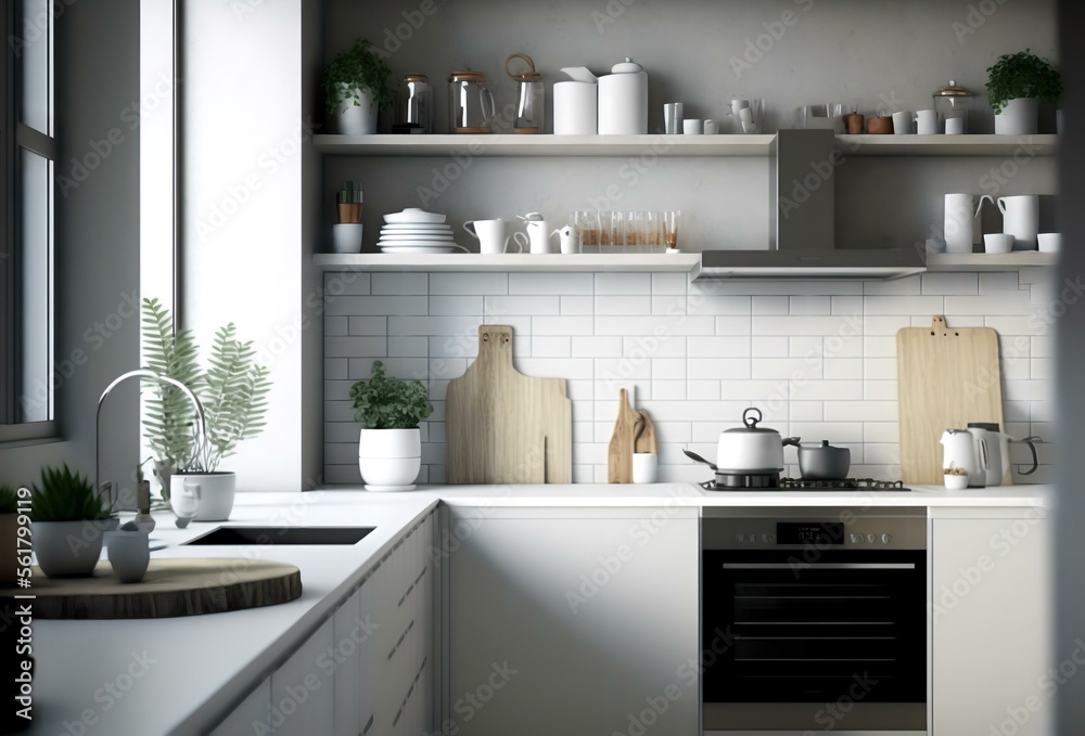 A photo of a minimalist kitchen with clean lines and neutral colors, with a focus on the open shelves, representing the idea of a clean and uncluttered kitchen space (AI) A photo of a minimalist kitchen with clean lines and neutral colors, with a focus on the open shelves, representing the idea of a clean and uncluttered kitchen space (AI)