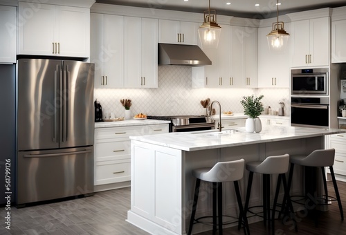 An image of a well-lit kitchen with white cabinets and countertops, with a focus on the island with barstools, representing the idea of a clean and inviting space for cooking and entertaining  (AI) © Natthakit