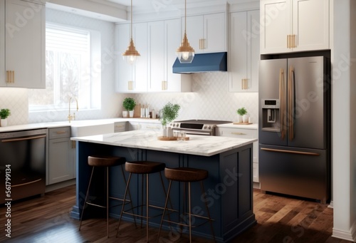 An image of a well-lit kitchen with white cabinets and countertops, with a focus on the island with barstools, representing the idea of a clean and inviting space for cooking and entertaining (AI)