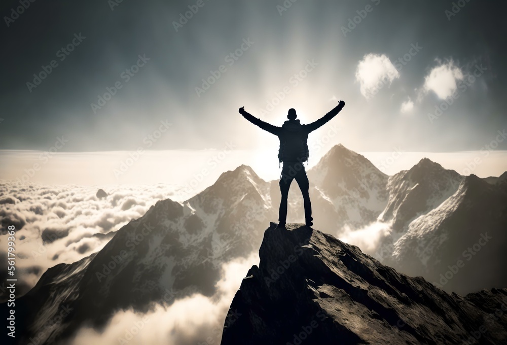 photo of a man standing on the top of a mountain, looking victorious and proud, representing the idea of reaching a goal and the sense of accomplishment (AI)