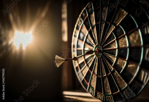 Image of a dart board with an aiming target. Taken in the golden hour light Conveys the concept of success and rushing towards the goal (AI)