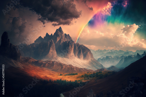 Fantastic, dramatic vista of the Italian Dolomites. beautiful natural setting Beautiful image of a mountain valley with towering mountains, a cloudy sky, and a rainbow at sunset. fantastic natural set