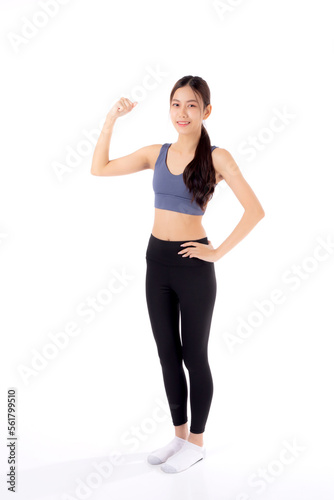 Portrait of beautiful young asian woman in sportwear showing strong muscles isolated on white background, sport and exercise for health, training and strength, female slimming with confident. © N_studio