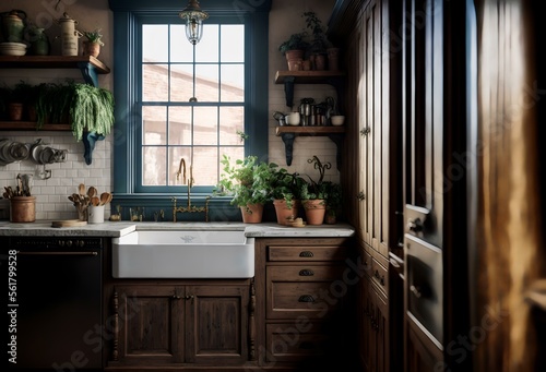photo of a traditional kitchen with wood cabinets, a farmhouse sink, and vintage appliances, representing the idea of a classic and timeless kitchen design (AI)